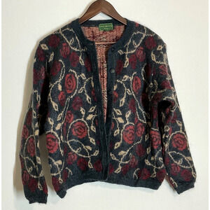 Vintage Equorian Heritage Mohair Cardigan Gray Red Poses Buttons Size M (14/16)